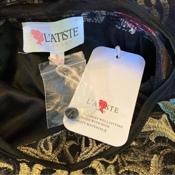 NWT L’Atiste by Amy Black Sheer Embroidered Floral Lined Pencil Dress S side zip - Picture 12 of 12